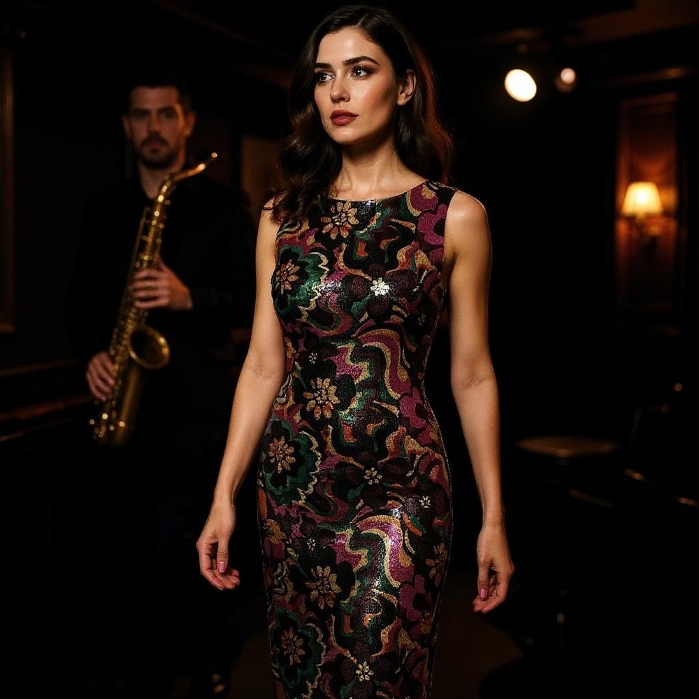 Misa Los Angeles Black and Pink Sheath Midi Dress